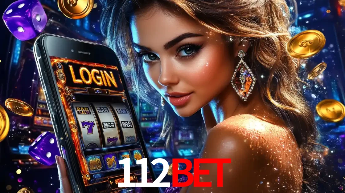 Mulher glamorosa segurando um smartphone com a tela de login para os jogos de caça-níqueis do cassino online 112bet, com moedas de ouro e dados ao redor.