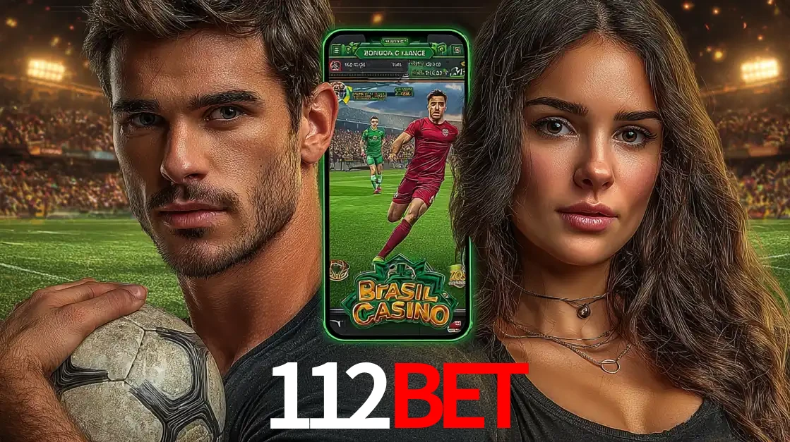 Homem segurando uma bola de futebol e uma mulher ao lado de um smartphone exibindo o jogo de apostas esportivas da 112bet. Faça seu palpite no cassino online.